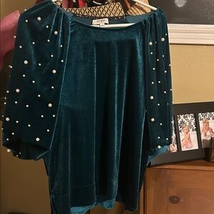 Umgee Teal Velvet Blouse with Pearl Accents